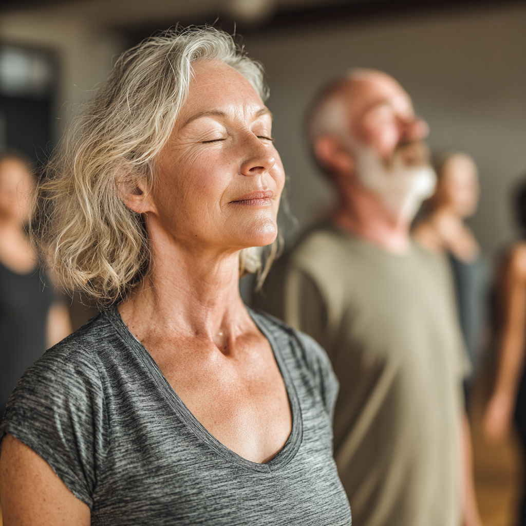 Mature adults practicing yoga in bright studio focusing on mindful movement and breathing