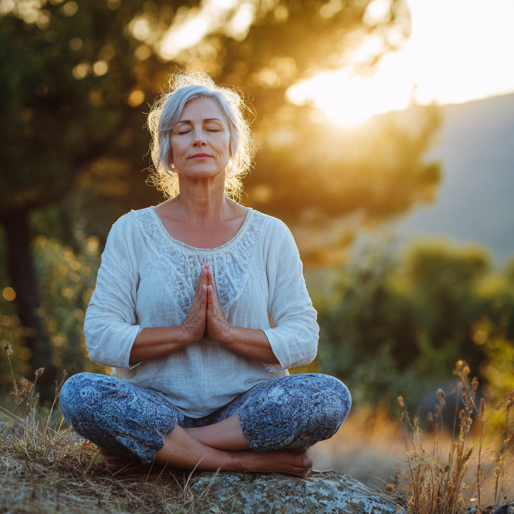 Middle-aged woman practicing peaceful yoga meditation in serene natural setting